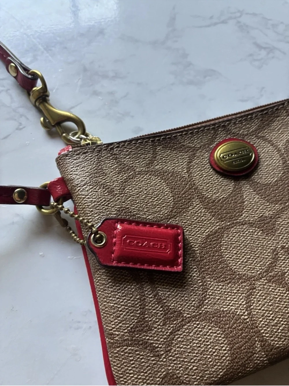 Coach Signature Canvas Wristlet in Khaki with Red Trim